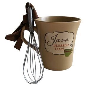 Java Blessed Day Ceramic Coffee / Tea / Cake Cup Mug & Whisk Beige